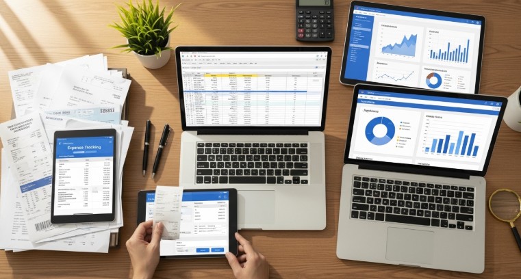Accountant analyzing reports while bookkeeper records daily transactions in ledger