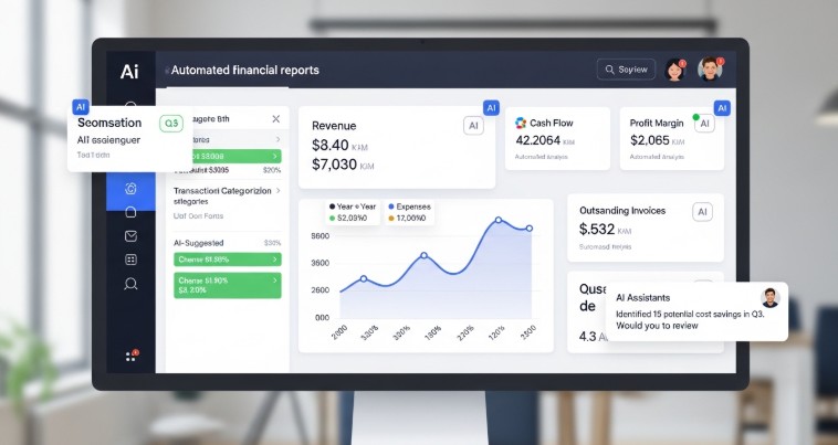 How to use AI for bookkeeping? dashboard showing automated financial reports and AI accounting software interface for business finance management